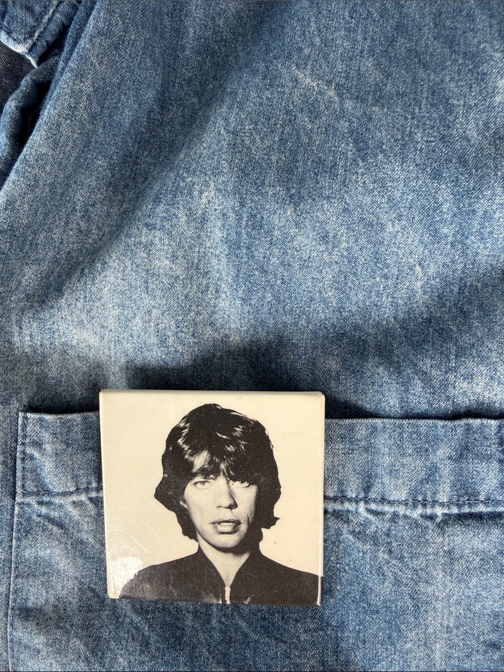 Vintage Square Pin of Mic Jagger Black & White Photo Pin